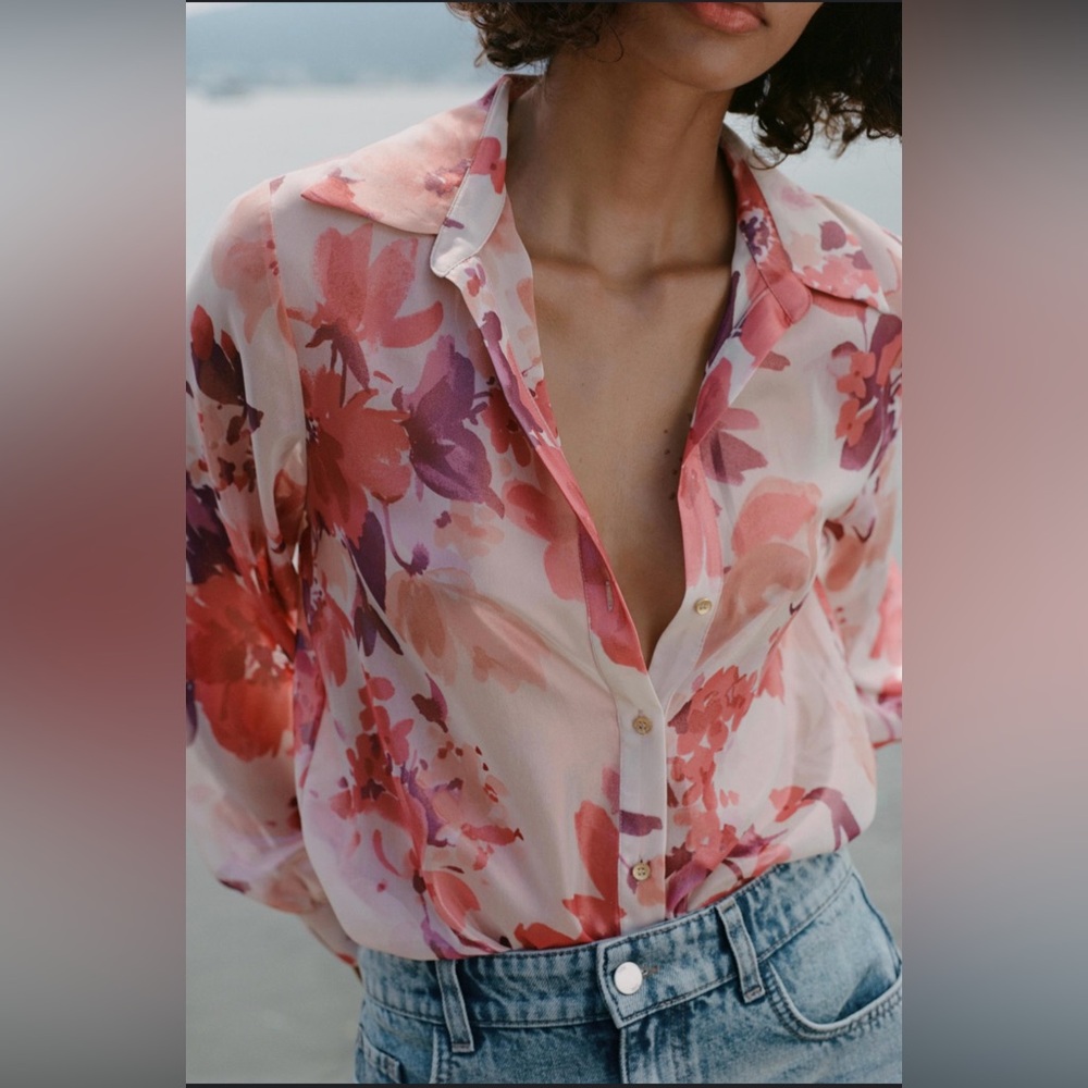 NWT ZARA pink metallic floral print shirt - Picture 2 of 6